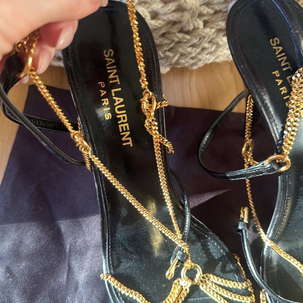 Saint Laurent Black and Gold Chain Heels - Picture 2 of 9